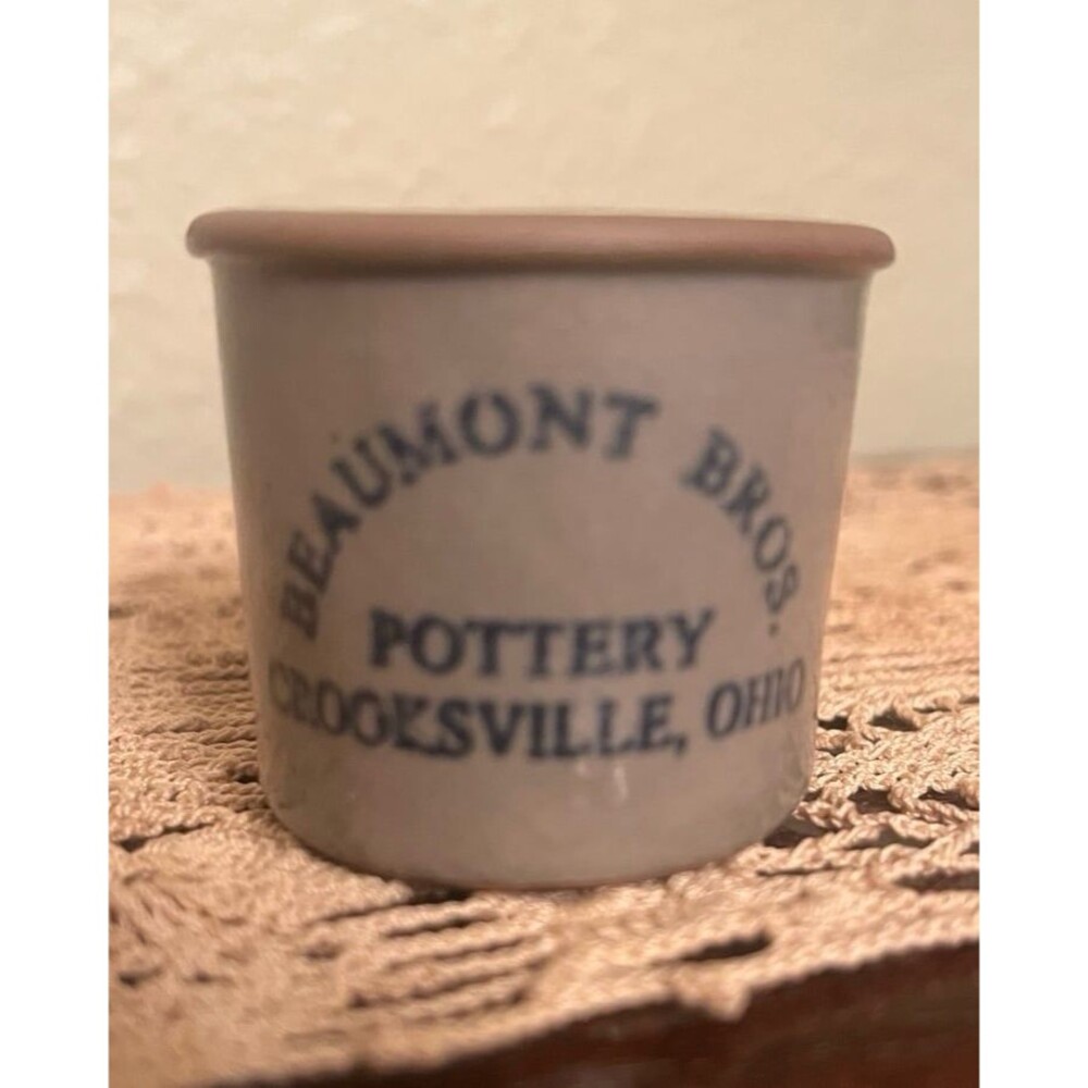 Tiny Vintage Beaumont Bros Advertising Crock Toothpick Holder